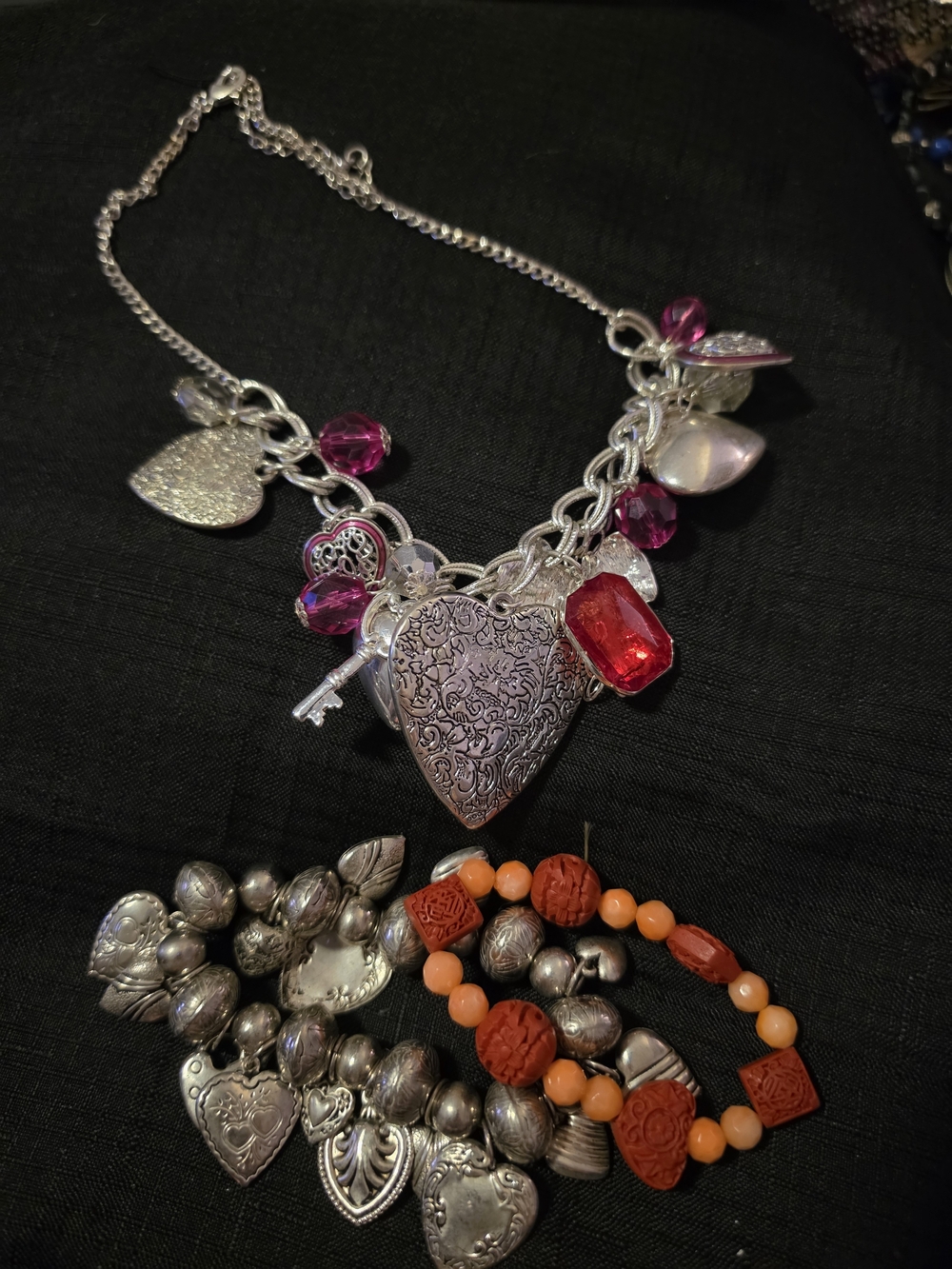 Silver Heart Charm Necklace with Pink and Red Accents - Women Jewelry
